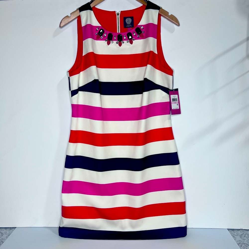 Vince Camuto Striped Jeweled Neckline Sleeveless Dress